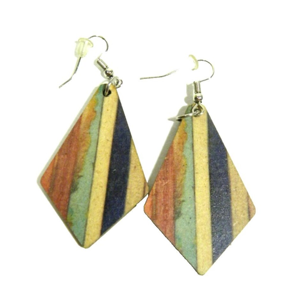 Vintage Boho Earrings Wood Multicolor Dangle Striped Hook Pierced Diamond Kite